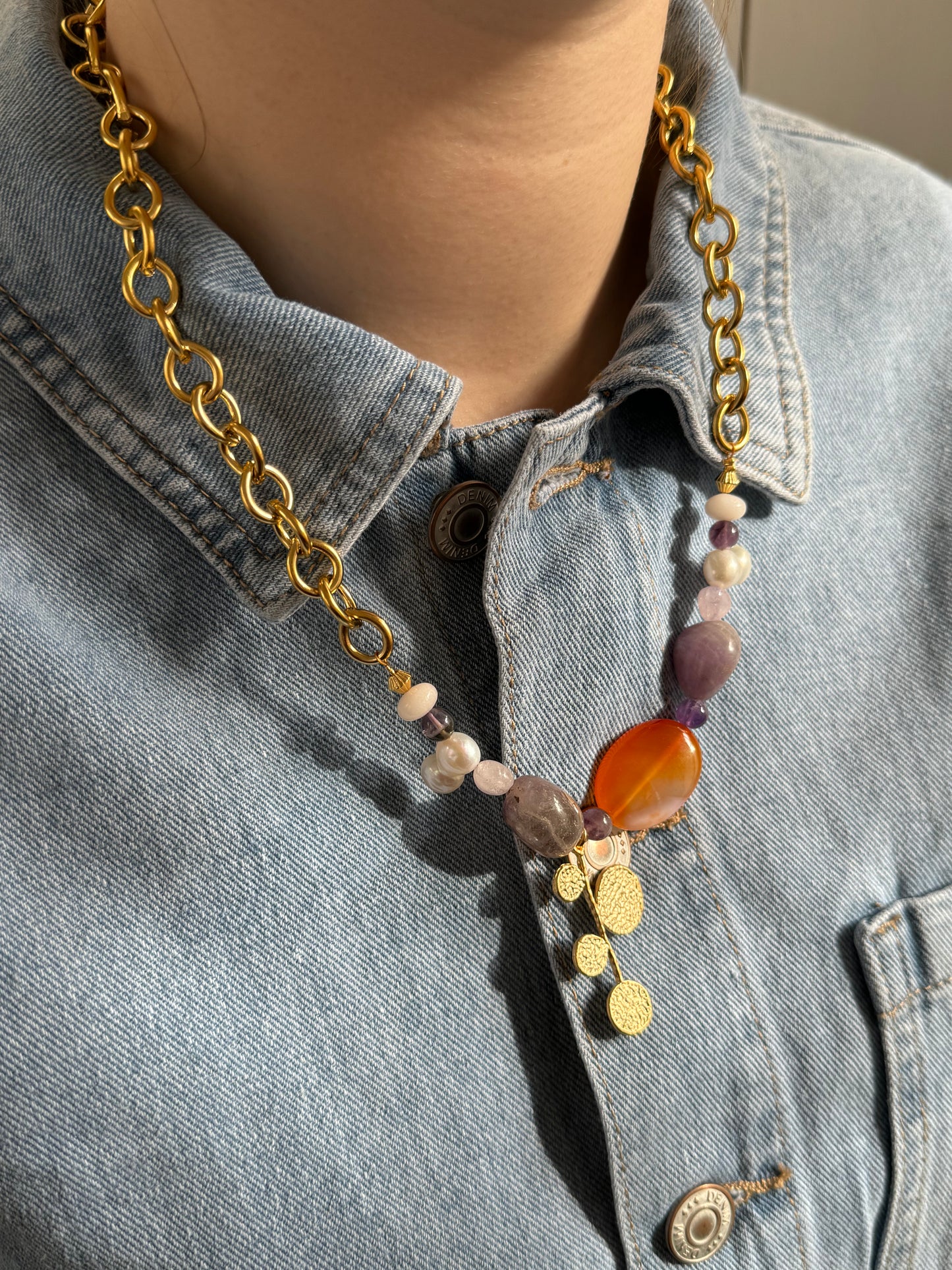 Nature Stone Drop Necklace Orange/Purple