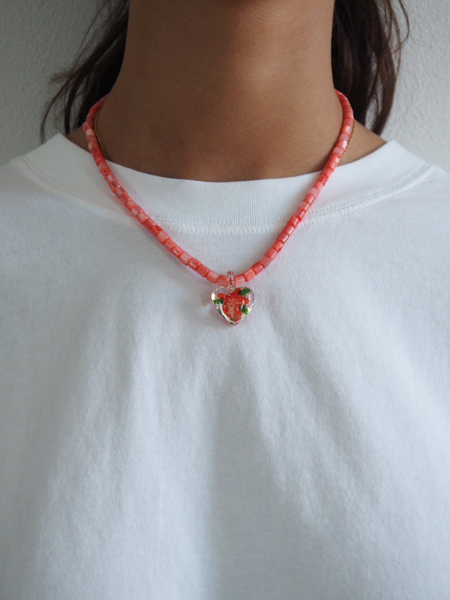 Glass Blown Heart Necklace Coral