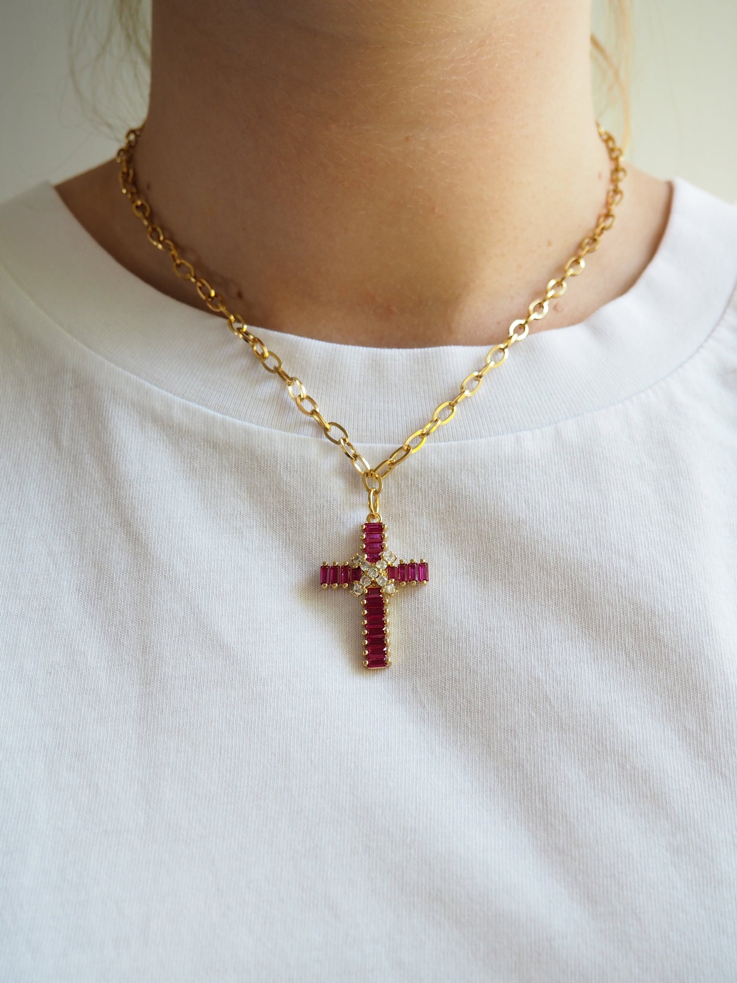 Pink Zirconia Cross Necklace